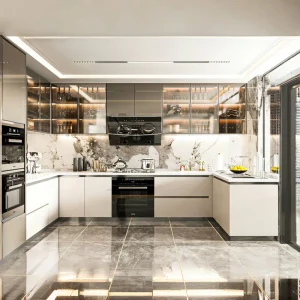 Bulk Supply Premium Modern L Shaped Kitchen Cabinets with Glass Uppers and Marble Backsplash