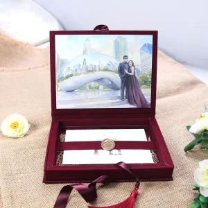 Burgundy Flocked Velvet Hardcover Wedding Invitation Photo Custom Print Lid Wax Seal Invitation Set With Tassel Ribbon
