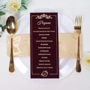 Burgundy Red Velvet Wedding Program Card Custom Gold Foil Vintage Border Printed