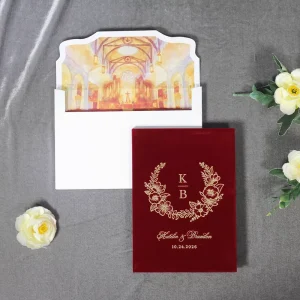 Burgundy Velvet Folio Invitations Watercolor Print Liner Envelope Gold Foil Red Velvet Hardcover Wedding Invitation