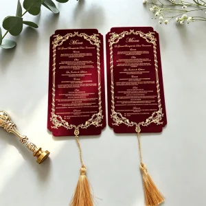 Burgundy Velvet Wedding Menu Card Custom Gold Foil Vintage Ornate Frame With Tassel Luxury Wedding Banquet Table Menu Stationery