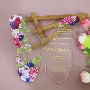 Butterfly Shaped Acrylic Wedding Invitation Custom UV Full Color Floral Print Die Cut