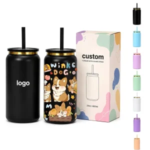 Cartoon 16oz Double Wall Vacuum Insulated 304 Stainless Steel Gold Accent Trim Soda Can Tumbler with Straw for Party