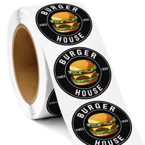 Certified Custom Round Stickers Roll Waterproof Vinyl Paper Hamburger Clear Food Labels Roll Adhesive Brand Packaging Labels