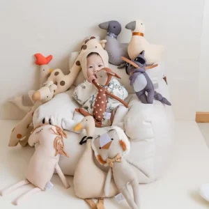 Chewable Baby Cloth Toys Organic Cotton Giraffe Lion Bear Dolls Teething Safe Animal Plush for Newborn Infant Gift