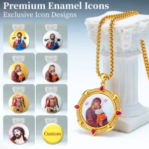 Children’s Mother of God Sacred Orthodox Icon Pendant with Bezel Setting Brass Religious Jewelry Necklace