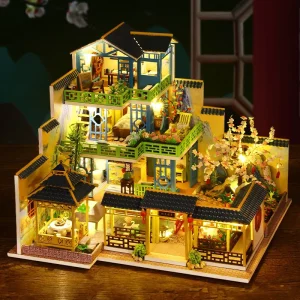 Chinese Garden Courtyard Villa Book Nook Kit Wooden DIY Miniature Doll House Model With LED Lights Handmade Gift