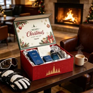 Christmas Cosmetic Gift Box Lodge Gold for Cologne Razor Blue Bottle Ski Goggle Glove Set