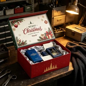 Christmas Gift Box Cozy Drawer Style Gold Stamp Holiday Box for Candle Cookie Cocoa Scarf Set Display