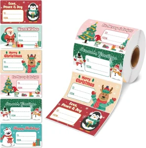 Christmas Gift Name Stickers Roll Cartoon Santa Claus Reindeer Penguin Pattern Rectangle Adhesive Stickers for Envelope