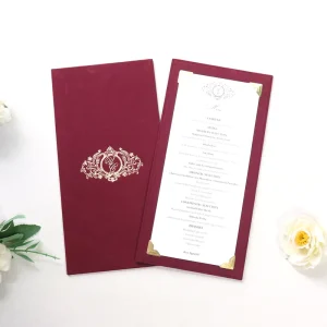 Classic Burgundy Red Velvet Wedding Menus Restaurant Style Gold Foil Stamped Logo Gold Wraps for Wedding Party