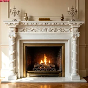 Classical Marble Fireplace Surround Hand Carved Twisted Column Design for Villa Classical Interior Decoration