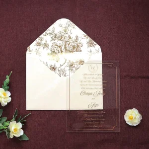 Clear Acrylic Wedding Invitation Card With Gold Hot Stamp Cream Velvet Envelope Inner Liner With Gold Hot Stamp Floral Lining