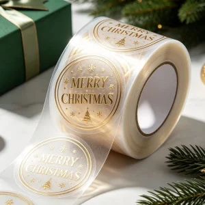 Clear Gold Foil Christmas Stickers Transparent PET Self Adhesive Customizable Shape Gift Box Holiday Labels