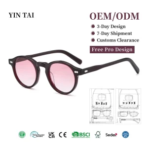 Clear Transparent Round Acetate Sunglasses Unisex Gradient Pink Nylon Lens UV400 Daily Wear Eyewear Custom Logo Small MOQ