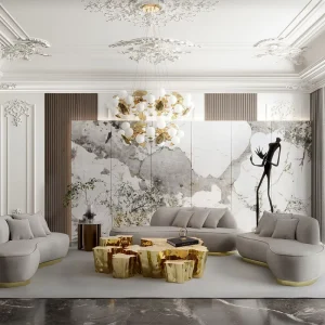 Coffee Table Set with Cast Brass Structure Natural Marble Top Set of 7-14 Pieces Unique Design Living Room Furniture