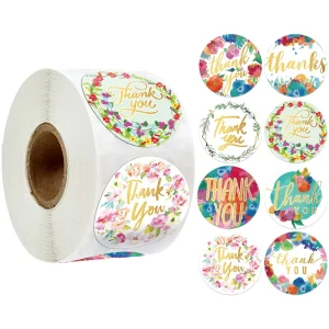 Color Flowers Sticker Roll Round Eco Friendly Gold Foil Thank You Sticker for Bouquet Gift Packaging