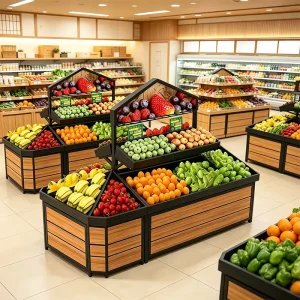 Commercial Black Metal Stepped Produce Display Rack with Top Hanging Frame and Wood Grain Base Cabinets for Supermarket