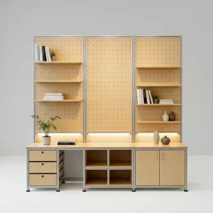 Commercial Exhibition Hall Display Cabinet with Perforated Panel Shelves, Aluminum Profiles, and Marine Board