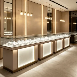 Commercial Glass Display Counter with Glowing Pedestal and Gold Frame for Upscale Retail Store