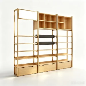 Commercial Modular Gold Frame Display Unit with Wood Effect Shelves Top Compartments and Base Drawers for Upscale Shop