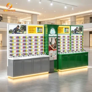 Commercial Phone Wall-mounted Display Cabinet Smartphone Shelf Case Holder Backlit Lime Green Wood