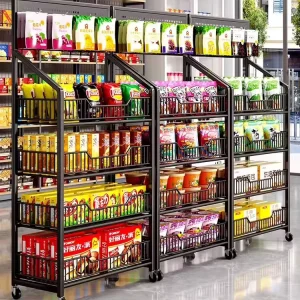 Commercial Supermarket Rack Light Duty Metal Display Stand Four Tier Floor Standing Display Rack Removable Shelf 360 Rotating