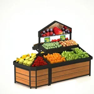 Commercial Wood and Metal Multi-Tier Fruit and Vegetable Display Rack for Supermarket Grocery Store