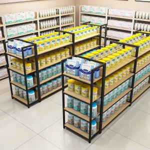 Convenience Store Double Sided Metal Sheet Multi Tiered Gondola Shelving Product Display Stand with Customizable Dimensions