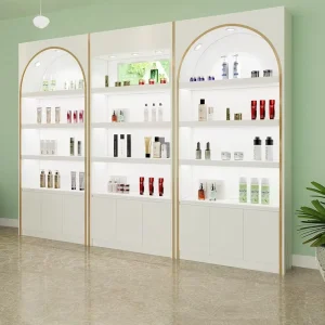 Countertop Cosmetic Display Stand with LED Lights, Varnished Finish and Glass Back