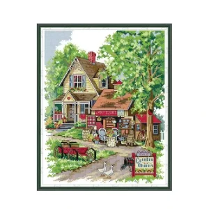 Country Charms Cottage Antique Shop Rustic Scenic DIY Stamped Cross Stitch Pattern Embroidery for Beginners Adults Wall Decor