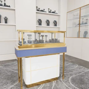 Cream Jewelry Display Counter with Gold Stainless Steel Frame, Floating Storage, Glass Showcase, and LED Lighting