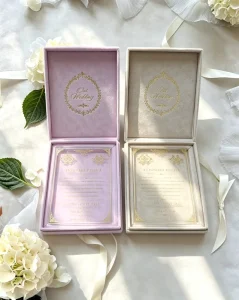 Cream Pink Marbled Velvet Wedding Invitation Box Custom Gold Foil Wreath Logo Acrylic Invitation Luxury Wedding Gift Boxes