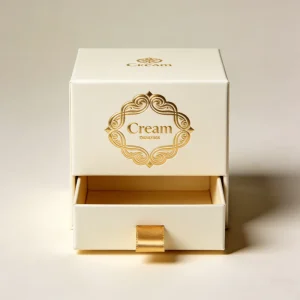 Cream packaging featuring drawer style box and gold hot stamping