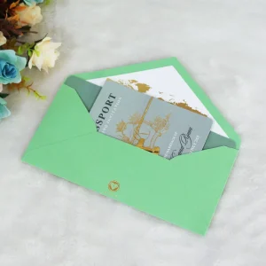 Creative Green Passport Destination Wedding Invitation with Printing QR Code Gold Foil Boarding Pass RSVP Card and Envelope