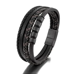 Cross border E commerce Men’s Minimalist Stainless Steel Leather Rope Bracelet Euro American Style Trendy Multi Layer Black