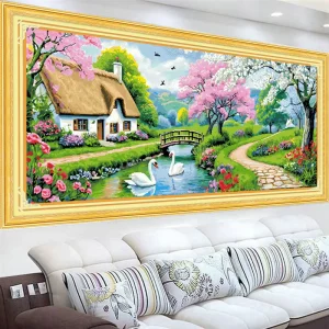 Cross stitch Beautiful Home Swan Living Room Large scale Landscape Rural Life Full Embroidery Hand Embroidery