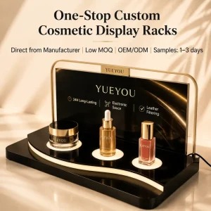 Curved Gold Frame Acrylic Cosmetic Display Stand 3 LED Lighted Holders Water Resistant Custom Brand Logo Backboard
