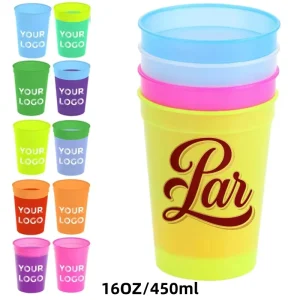 Custom 16oz Reusable Plastic Drinking Cup with Tumbler Lid Straw Stadium Design Cold Color Change Screen Printed Logo
