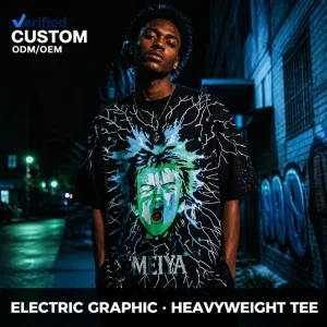 Custom 240GSM Black Electric Lightning Cosmic Face Graphic Heavyweight Oversized Short Sleeve T shirt for Men Dark Street