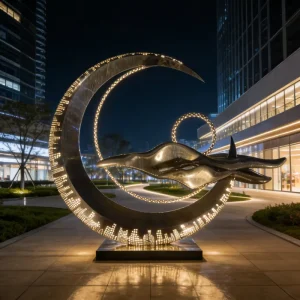 Custom 316L Marine Grade Stainless Steel LED Crescent Moon Sculpture Abstract Wave Shape IP65 Waterproof Warm White Lighted Art