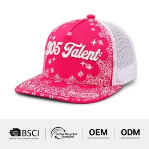 Custom 3D Embroidery Logo Pink Mesh Trucker Hat High Quality 5 Panel Snapback Cap Paisley Print Baseball Hat Supplier