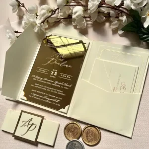 Custom Acrylic Business Card with Digital Printing Hot Stamping Gold Mirror Finish Tri-Fold Design