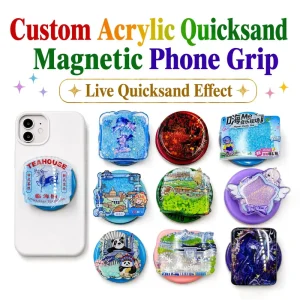 Custom Acrylic Quicksand Liquid Glitter Magnetic Popping Phone Socket Grip Holder for Cartoon Souvenir Gift