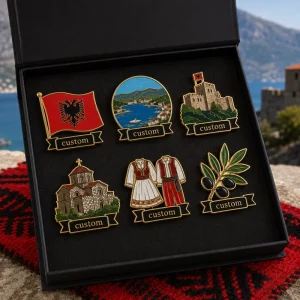 Custom Albania Element Enamel Pin Gift Box Double Head Eagle Lapel Pin Tourist Souvenir Twin Eagle Badge Gift Set