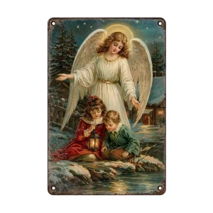 Custom Angel Winter Snow Scene Wall Decor Plaque Merry Xmas Gift Religious Metal Poster Retro Christmas Tin Signs Metal Plate