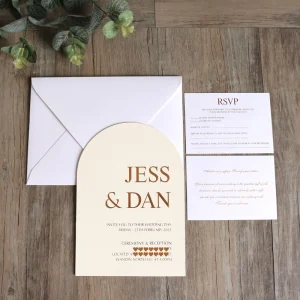 Custom Arch 5×7 Inches Embossed Beige Cotton Wedding Invitation Card with RSVP Details & Envelope