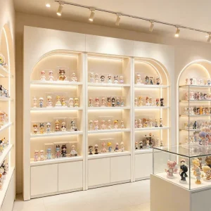 Custom Arched Wall Shelving Unit with LED Lighting Open Display Storage for Anime Merchandise Trading Card Retail Store