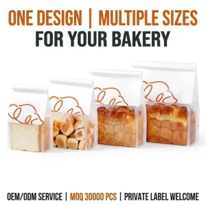 Custom Artisan Bakery Gift Bag White Paper Roll Top Seal Half Transparent Window Cute Bread Illust Print Damp Proof Food Safe