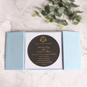 Baby Blue Hardcover Wedding Invitation Custom Gold Foil Round Acrylic Rigid Hardboard